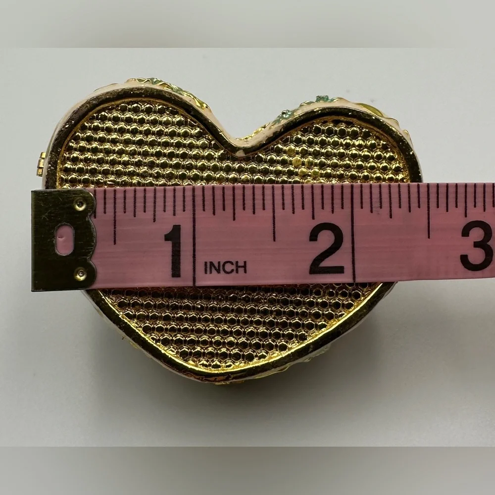 Heart Shape Floral Hinged Trinket Box With Colorful Crystal Jeweled Dragonfly